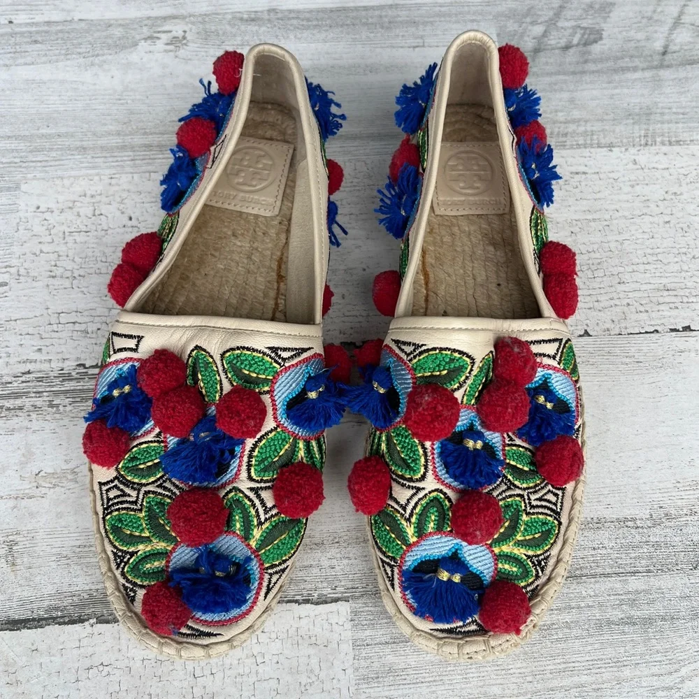 Tory Burch Ellis Pom Pom Embroidered Espadrille Flats Leather Textile Shoes 7.5 - Picture 3 of 11